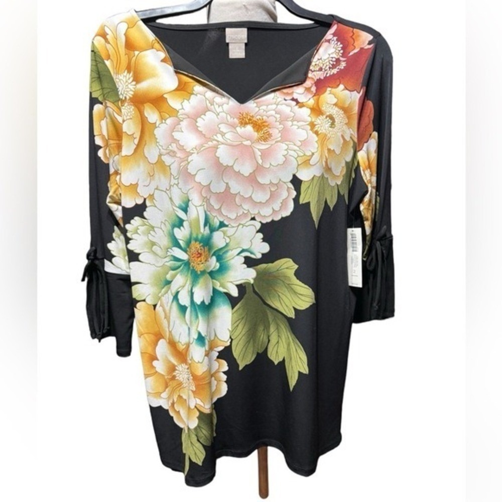 Chicos Tunic Womens 2 L Floral Tie Sleeve Black Polyester Spandex V-Neck Modern